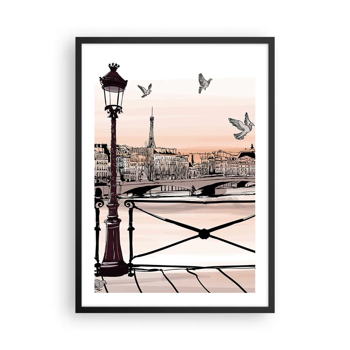 Poster in black frame - Illustration of Paris at sunset with a lantern and bridge - 50x70cm - Over the Roofs of Paris - Modern wall decoration for the living room and bedroom ARTTOR