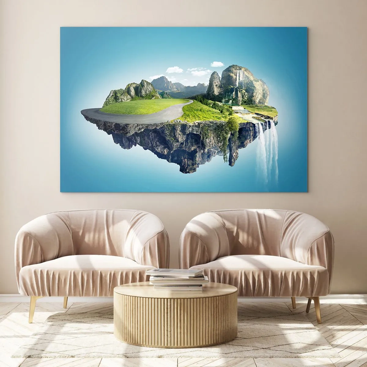 Glass picture - A floating island with mountains, a waterfall, and greenery - 70x50cm - Fantastic Island - Modern wall decoration for the living room and bedroom ARTTOR