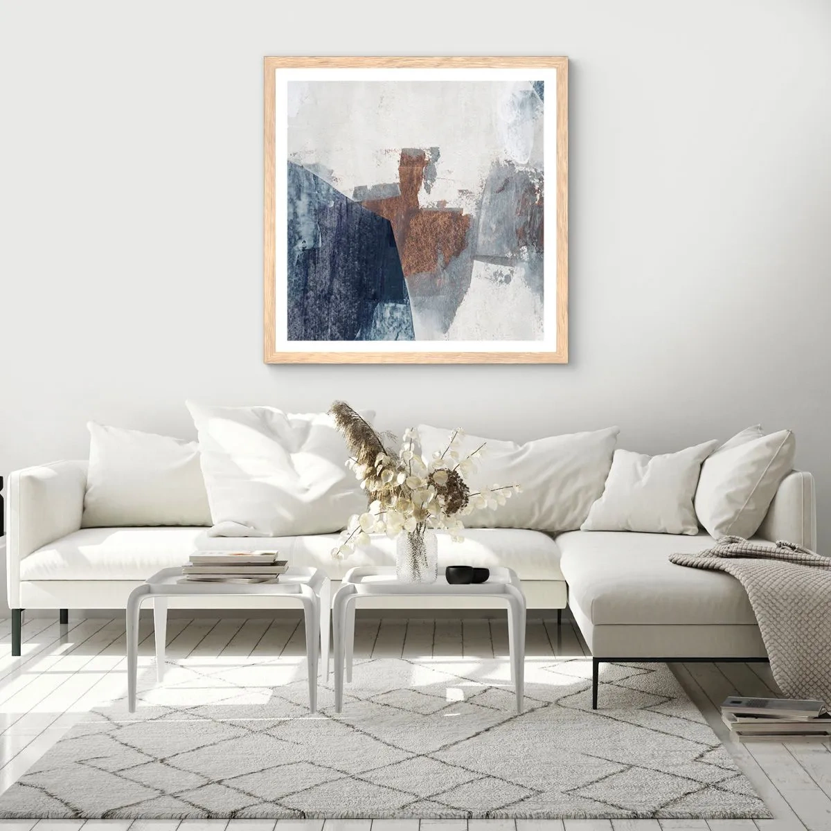 Poster in light oak frame - Blue and Brown Shapes - 40x40 cm