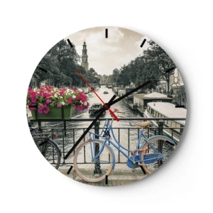 Wall clock - Clock on glass - A bicycle bridge over a canal in Amsterdam - 30x30cm - Colour of a Street in Amsterdam - Modern wall decoration for the living room, kitchen, and bedroom ARTTOR