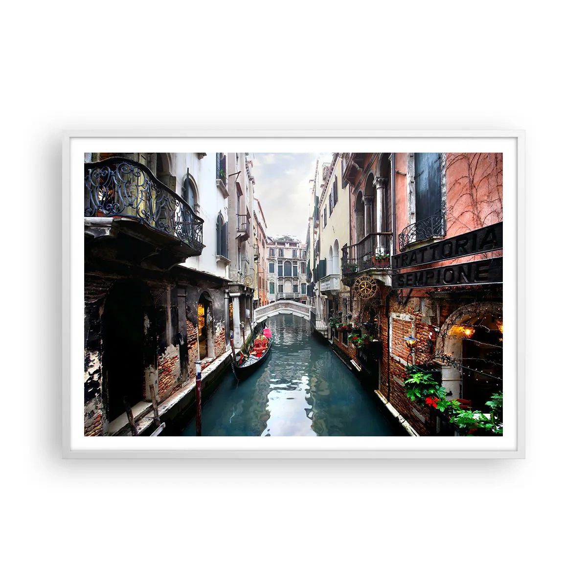 Poster in white frmae - Venetian View with a Gondola and a Bridge - 100x70 cm
