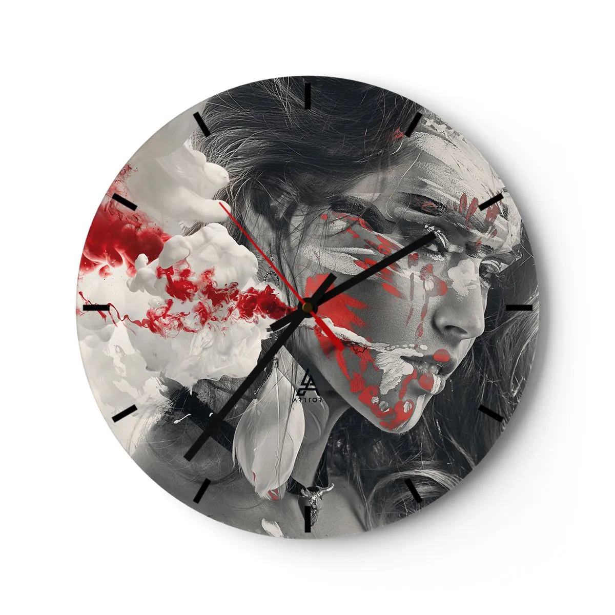 Wall clock - Clock on glass - A woman's face with abstract red and white accents - 30x30cm - Smoke of Absurdity - Modern wall decoration for the living room, kitchen, and bedroom ARTTOR