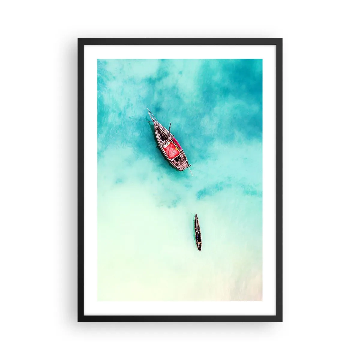 Poster in black frame - Boats on turquoise water seen from a bird's eye view - 50x70cm - On the Beaches of Zanzibar, When the Tide Is High - Modern wall decoration for the living room and bedroom ARTTOR
