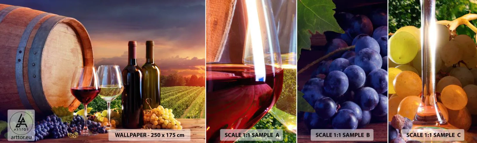 Photo Wallpaper Sample Self-Adhesive Deluxe Sticker - Here Life Is Full of Flavour - Vineyard, Wine Barrel, Grape - 100x30 cm