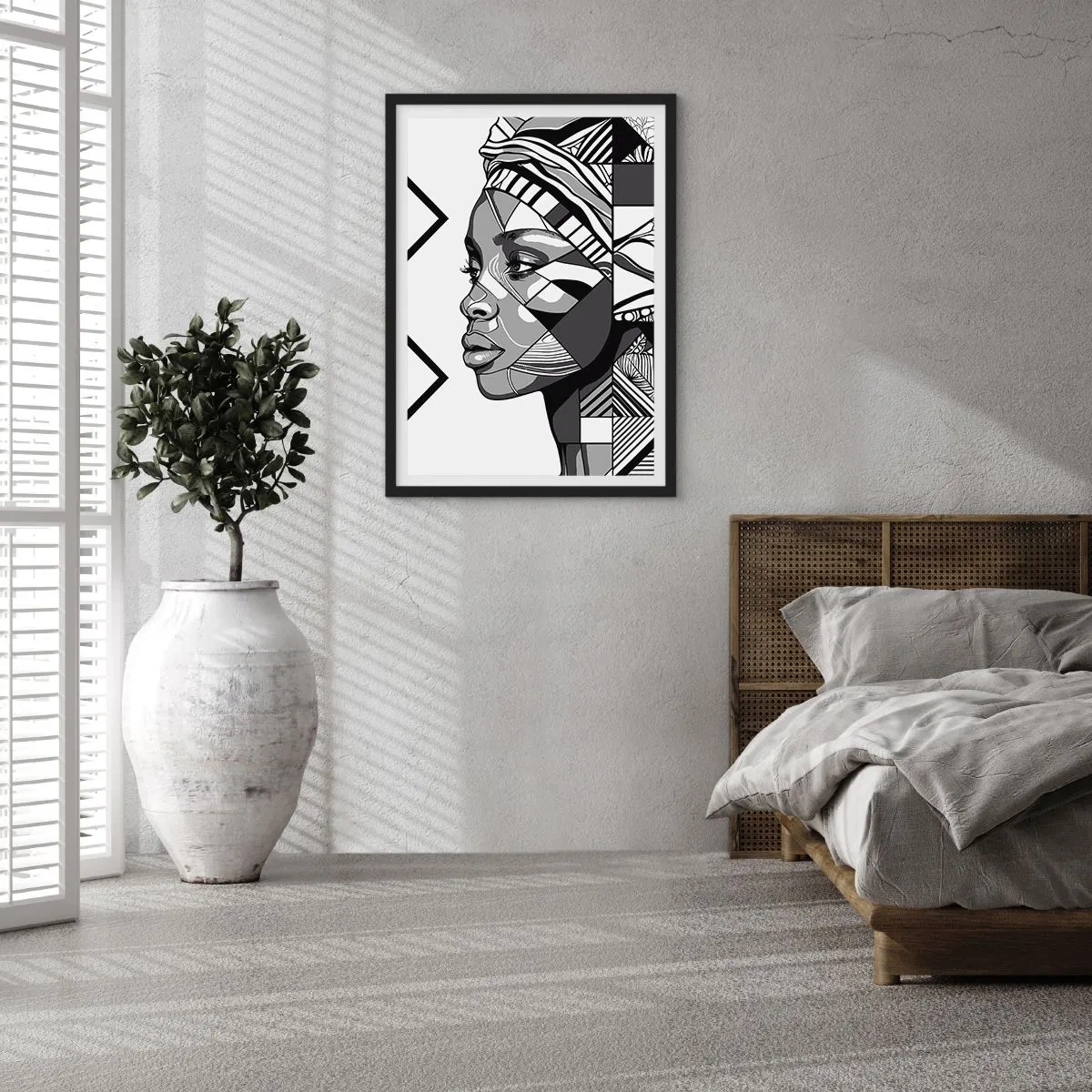 Poster in black frame - Geometric portrait of a woman in black and white - 50x70cm - Ethnic Portrait - Modern wall decoration for the living room and bedroom ARTTOR