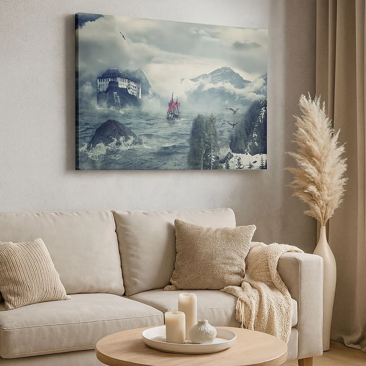 Canvas picture - mysterious landscape with a castle, mountains, and a ship - 70x50cm - On Magical Waters - Modern wall decoration for the living room and bedroom ARTTOR