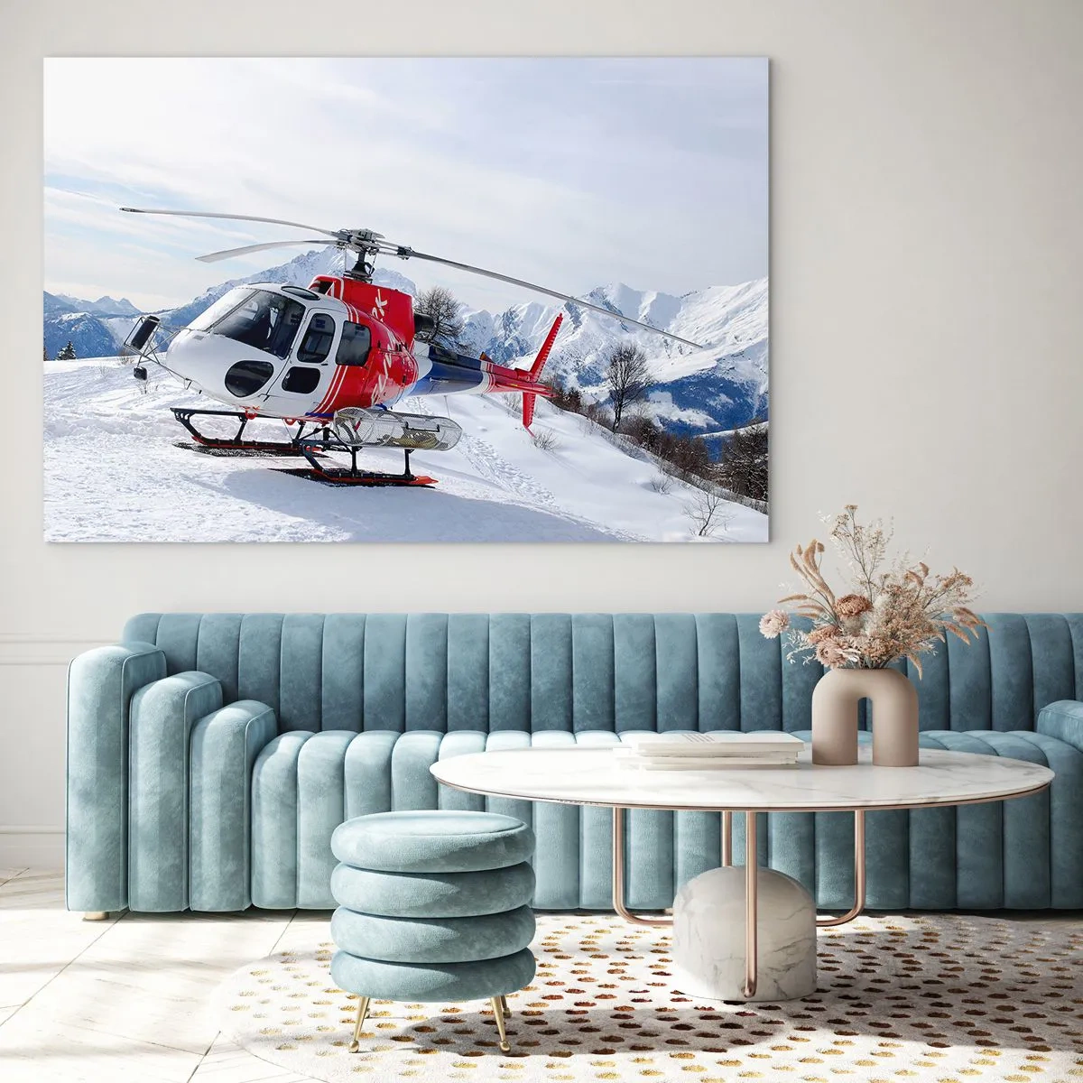 Glass picture - A red helicopter in a winter mountain scenery - 70x50cm - Always Ready - Modern wall decoration for the living room and bedroom ARTTOR