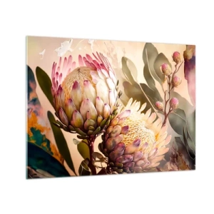 Glass picture - Protea flowers in warm tones and soft light - 70x50cm - Tender Caress - Modern wall decoration for the living room and bedroom ARTTOR