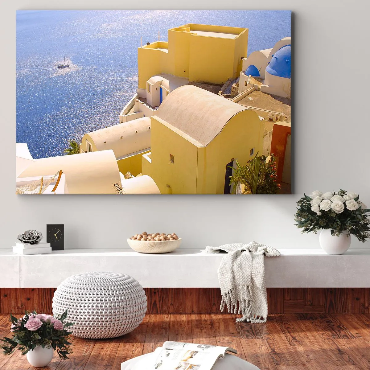 Canvas picture - Greek architecture with a sea view and a boat in the background - 70x50cm - Greek Landscape in White and Blue - Modern wall decoration for the living room and bedroom ARTTOR