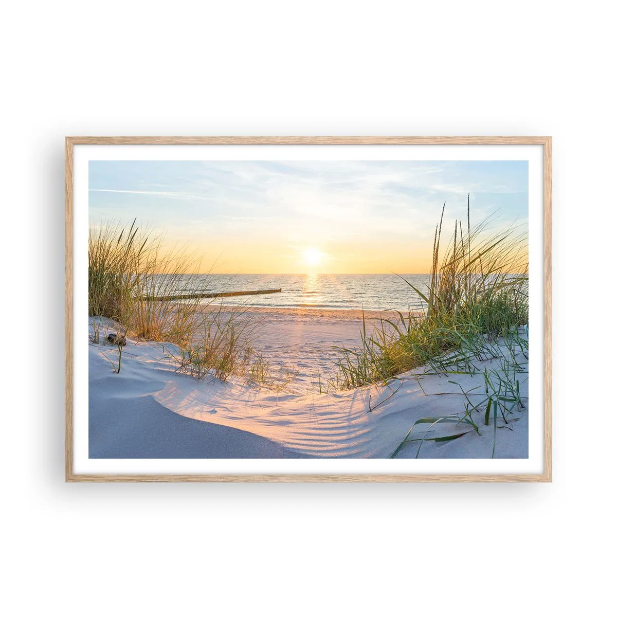 Poster in light oak frame - Sound of the Sea, Singing of the Birds, Wild Beach among Grass - 100x70 cm