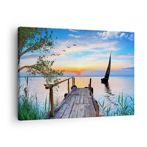 Canvas picture - Lake pier with boat and sunset - 70x50cm - Good Evening - Modern wall decoration for the living room and bedroom ARTTOR