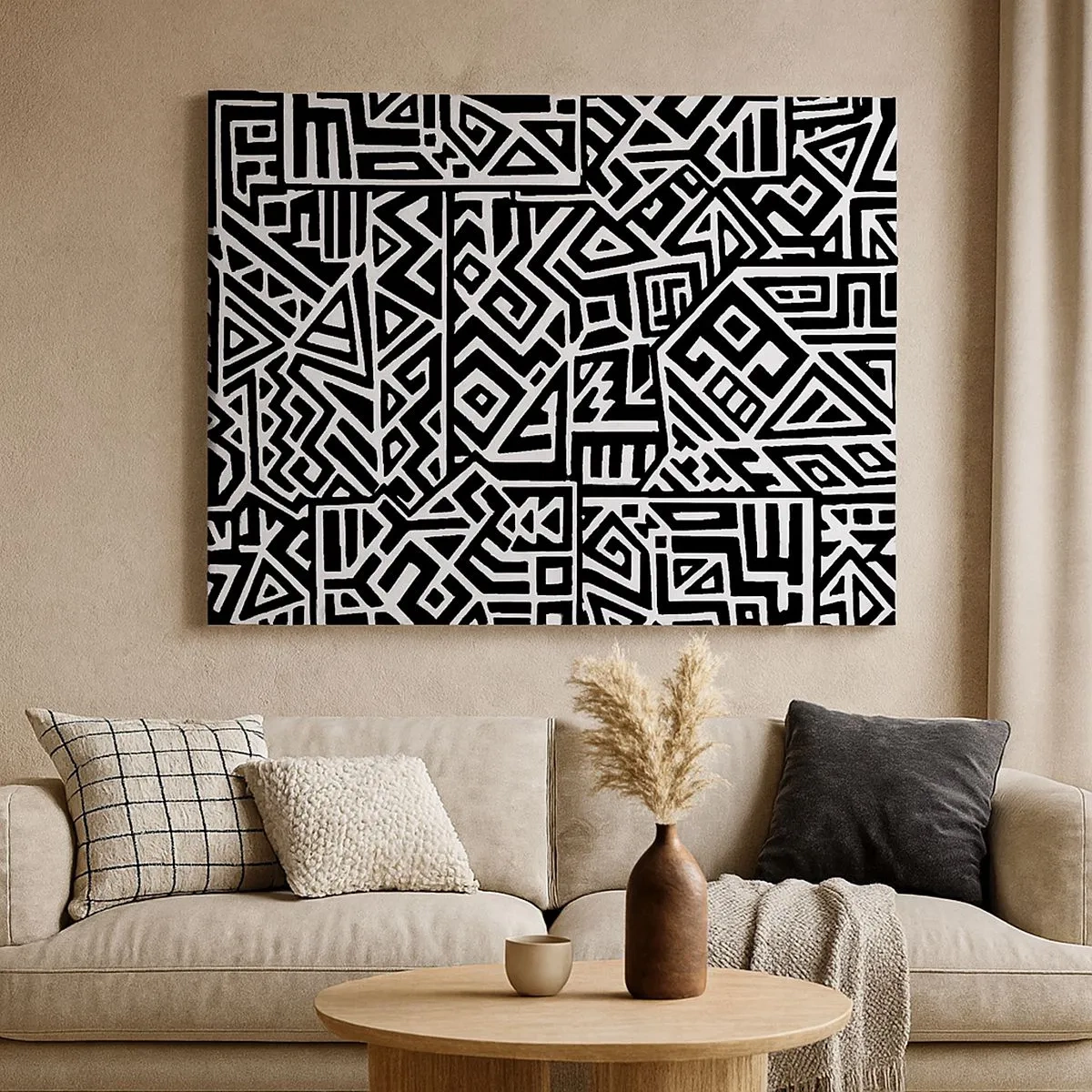 Canvas picture - Black and white geometric patterns inspired by pre-Columbian culture - 70x50cm - Precolumbian Composition - Modern wall decoration for the living room and bedroom ARTTOR