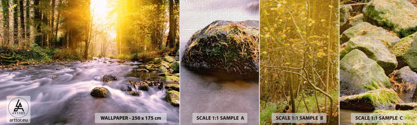 Photo Wallpaper Sample Premium Canvas - Malachite in Silver and Gold Setting - Landscape, Mountain Stream, Forest - 100x30 cm