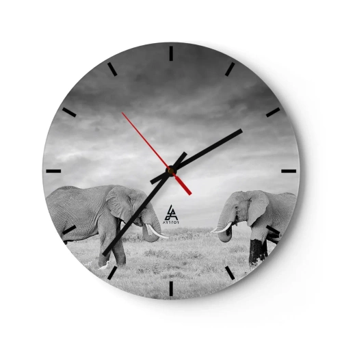 Wall clock - Clock on glass - Two elephants on the savannah in black and white - 30x30cm - Grey Is Beautiful - Modern wall decoration for the living room, kitchen, and bedroom ARTTOR