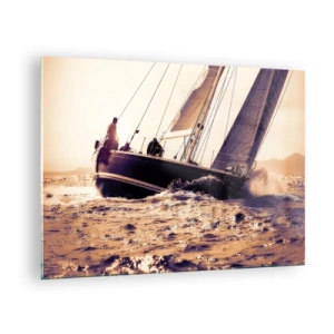 Glass picture - A sailboat on a stormy sea in warm shades - 70x50cm - Sail, Sailor - Modern wall decoration for the living room and bedroom ARTTOR