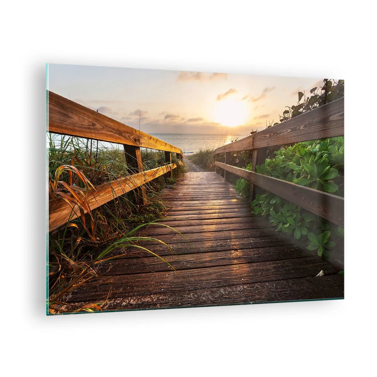 Glass picture - Wooden footbridge leading to the beach at sunset - 70x50cm - Straigh to the Shore - Modern wall decoration for the living room and bedroom ARTTOR