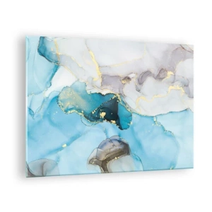 Glass picture - Turquoise and gray waves with gold accents - 70x50cm - Study in Grey and  Turquoise Encounter - Modern wall decoration for the living room and bedroom ARTTOR
