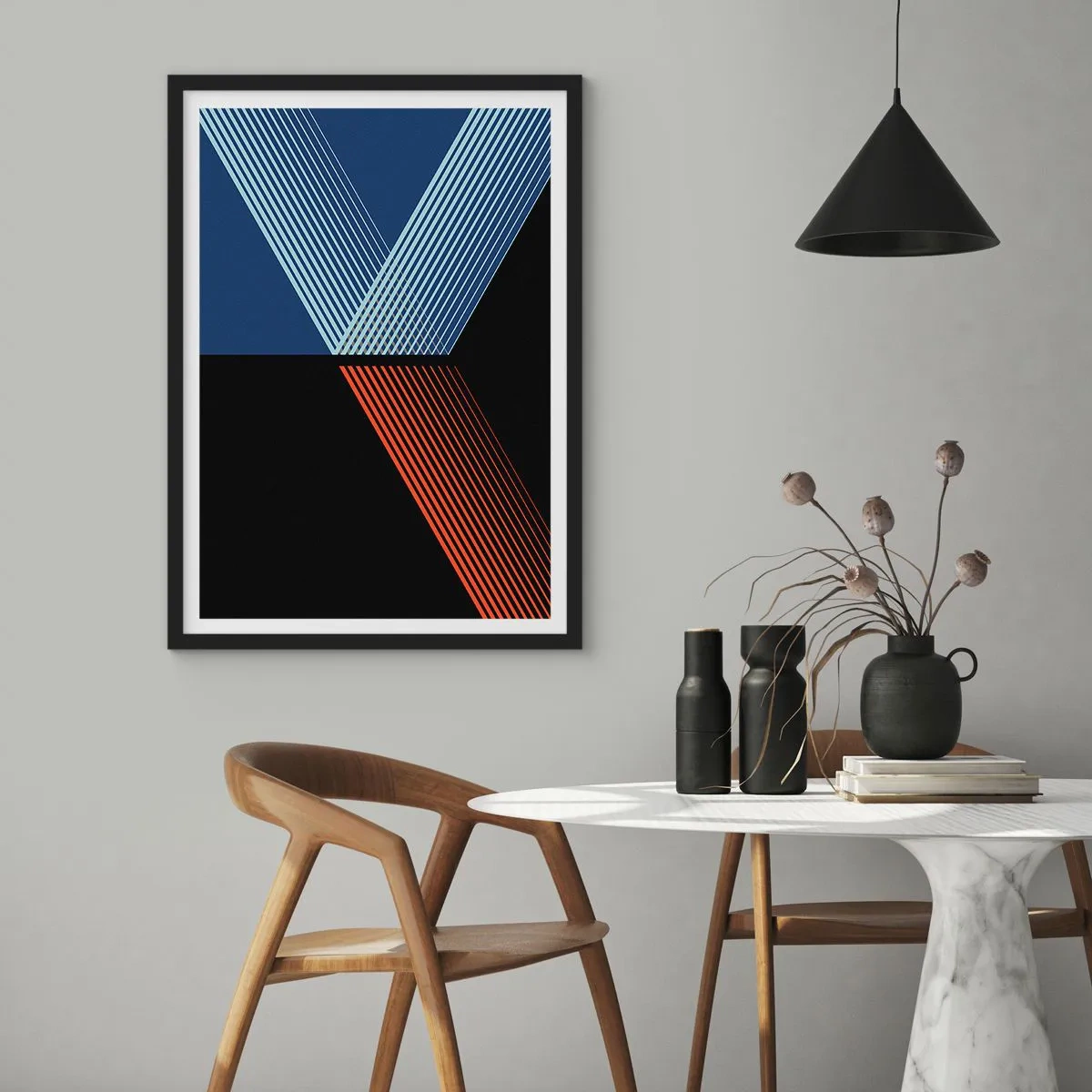 Poster in black frame - Abstract composition of lines in blue, black and red - 50x70cm - Simple Story - Modern wall decoration for the living room and bedroom ARTTOR