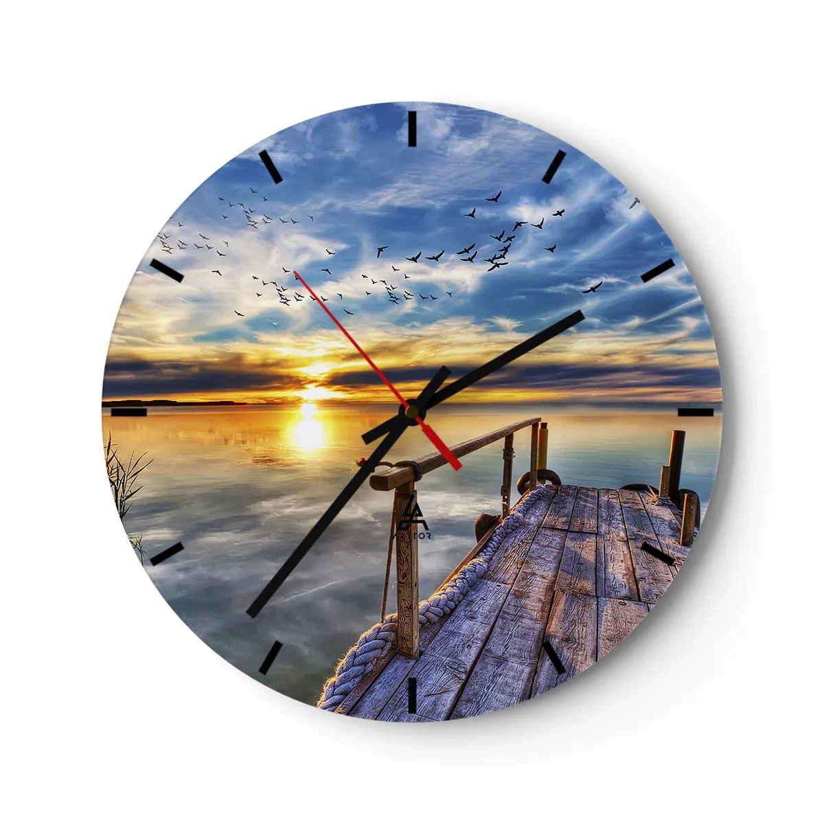 Wall clock - Clock on glass - Wooden jetty over the lake at sunset - 30x30cm - Wind is Taking a Break - Modern wall decoration for the living room, kitchen, and bedroom ARTTOR