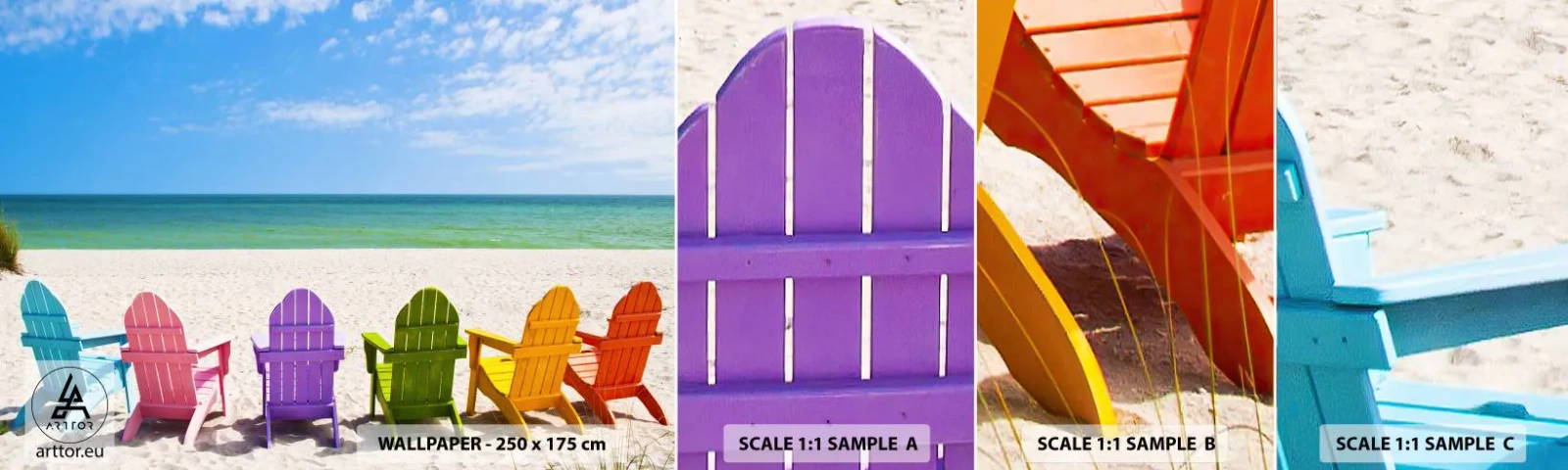 Photo Wallpaper Sample Self-Adhesive Deluxe Sticker - Rainbow Beach - Landscape, Beach, Deckchairs - 100x30 cm