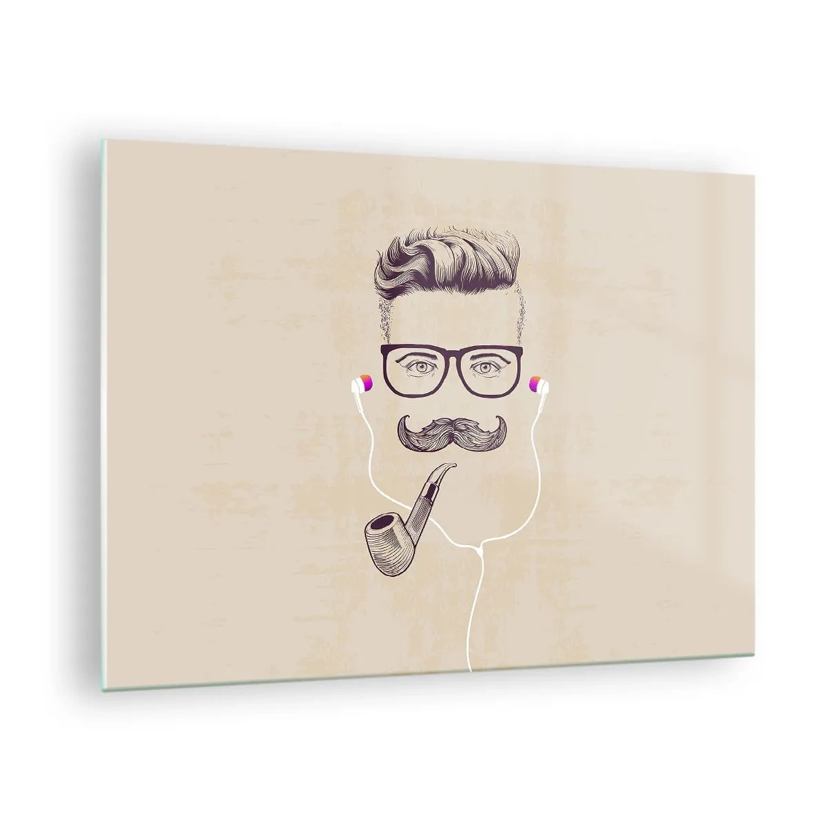 Glass picture - A drawing of a stylized man with glasses, a mustache, and a pipe. - 70x50cm - A Real Man? - Modern wall decoration for the living room and bedroom ARTTOR