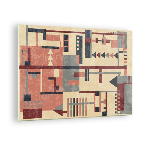 Glass picture - Abstract geometric pattern in beige and red shades - 70x50cm - Combinations of Verticals and Horizontals - Modern wall decoration for the living room and bedroom ARTTOR