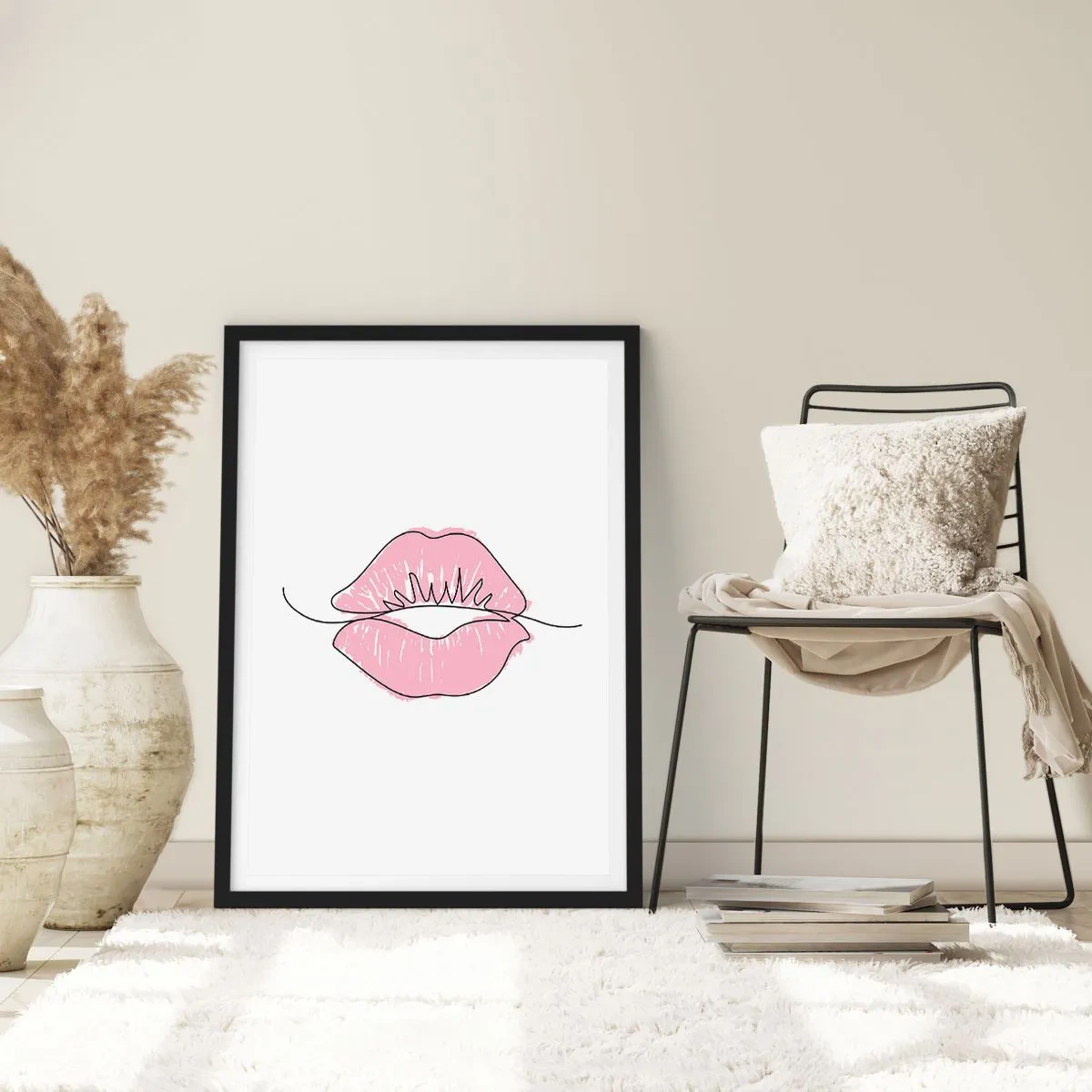Poster in black frame - Minimalist illustration of pink lips on a white background - 50x70cm - Ready for a Kiss? - Modern wall decoration for the living room and bedroom ARTTOR