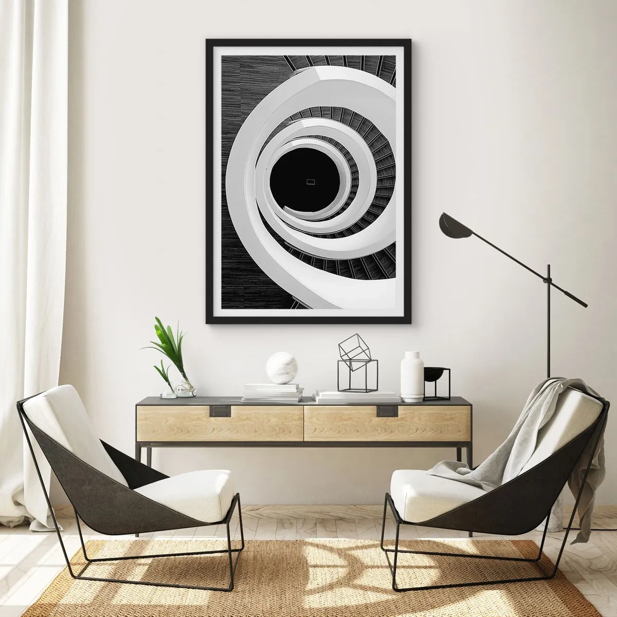 Poster in black frame - A spiral staircase in black and white with an abstract design - 50x70cm - To the Point of the Matter - Modern wall decoration for the living room and bedroom ARTTOR