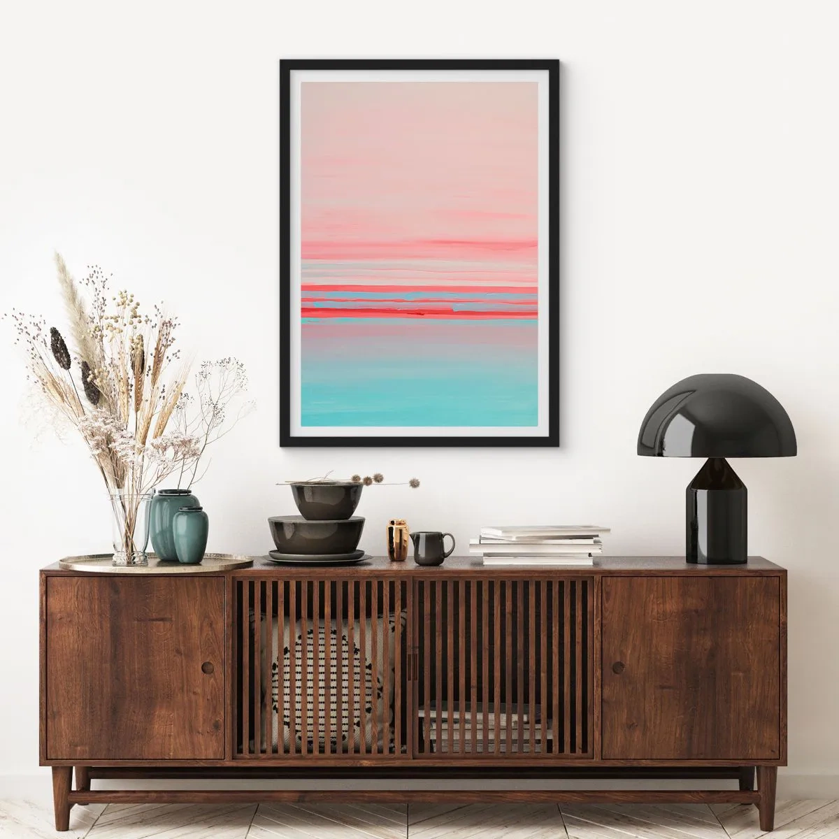 Poster in black frame - A delicate abstraction in pastel shades of pink and blue. - 50x70cm - Abstract at Dawn - Modern wall decoration for the living room and bedroom ARTTOR