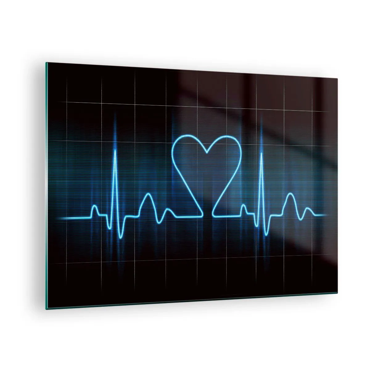 Glass picture - Lifeline with a heart on a dark background in blue light - 70x50cm - In a Heartbeat - Modern wall decoration for the living room and bedroom ARTTOR