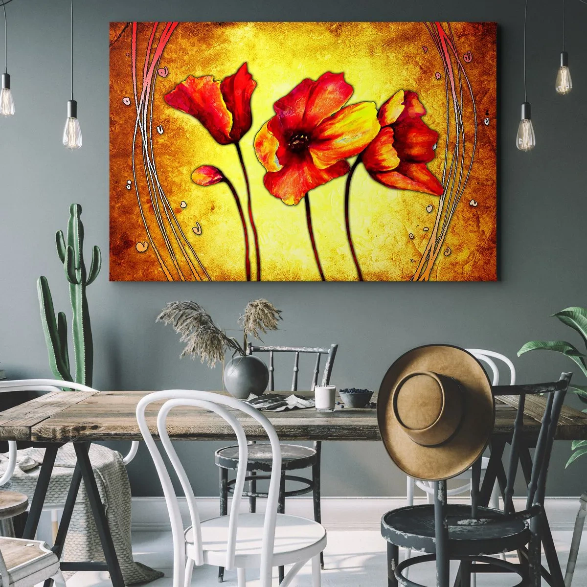 Canvas picture - Red and yellow flowers on a gold background with decorative patterns - 70x50cm - In Art Nouveau Decoration - Modern wall decoration for the living room and bedroom ARTTOR