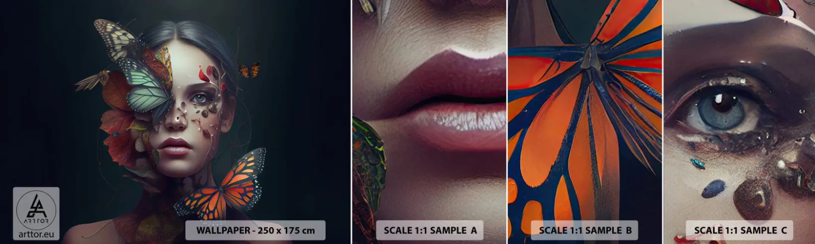 Photo Wallpaper Sample Self-Adhesive Deluxe Sticker - Wonderful Metamorphosis - Butterflies, Face, Woman - 100x30 cm