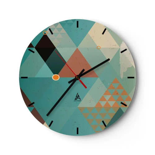 Wall clock - Clock on glass - A geometric composition of triangles in shades of green and beige. - 30x30cm - Unity in Multitude, Multitude of Unity - Modern wall decoration for the living room, kitchen, and bedroom ARTTOR