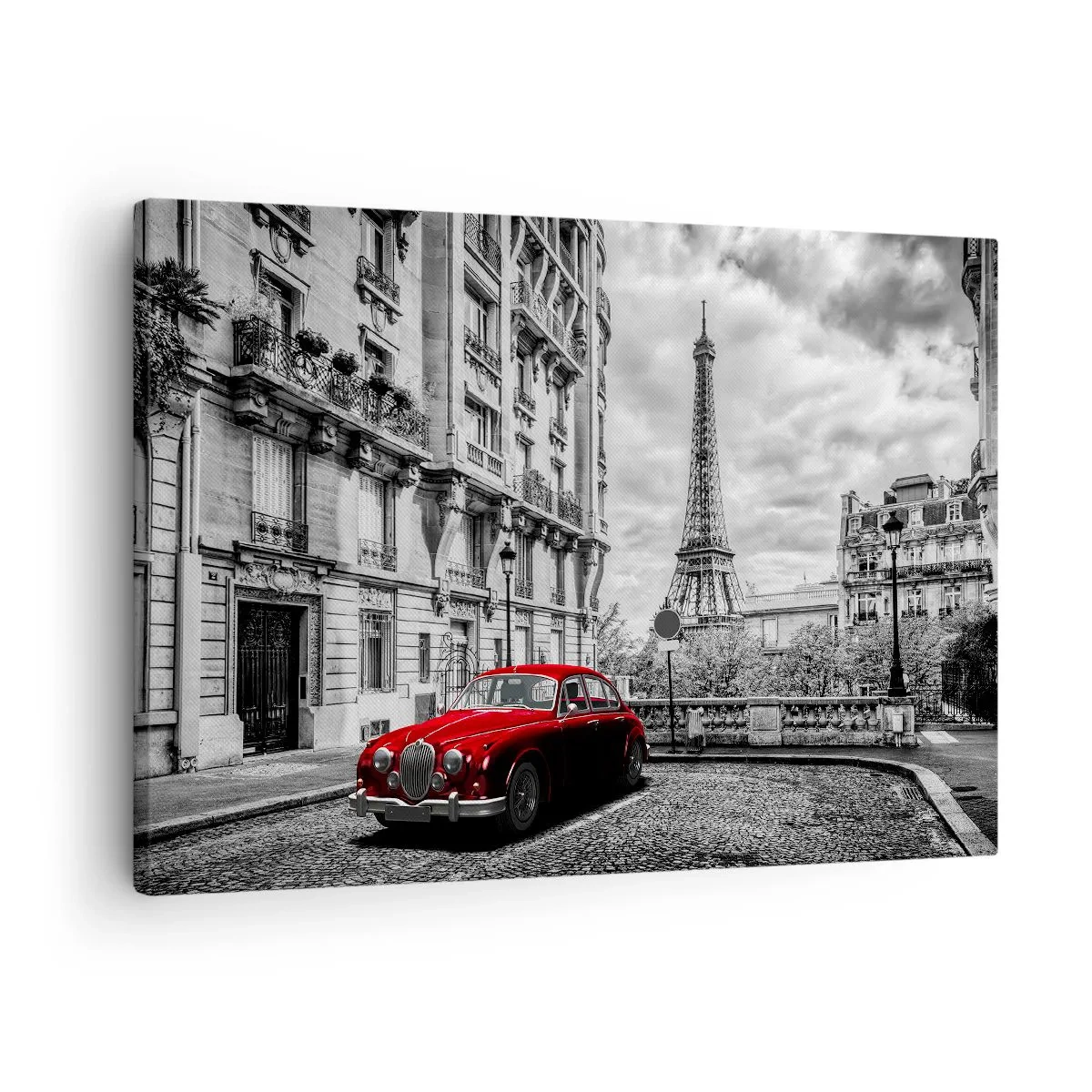Canvas picture - A red car with the Eiffel Tower in the background in a black and white setting - 70x50cm - Predator in the City - Modern wall decoration for the living room and bedroom ARTTOR