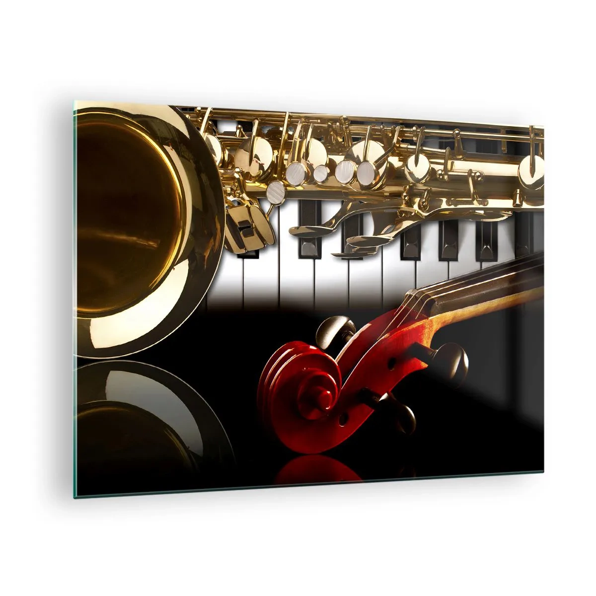 Glass picture - Saxophone, keyboard and bow in an artistic composition - 70x50cm - Tin, Wood and Ivory - Modern wall decoration for the living room and bedroom ARTTOR