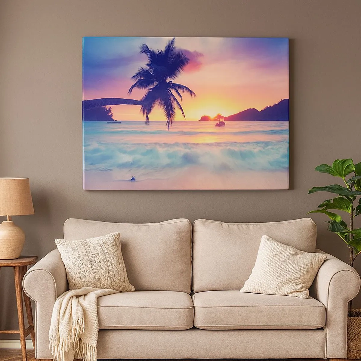 Canvas picture - Beach with a palm tree and a sunset over the ocean - 70x50cm - Evening in a Bay - Modern wall decoration for the living room and bedroom ARTTOR
