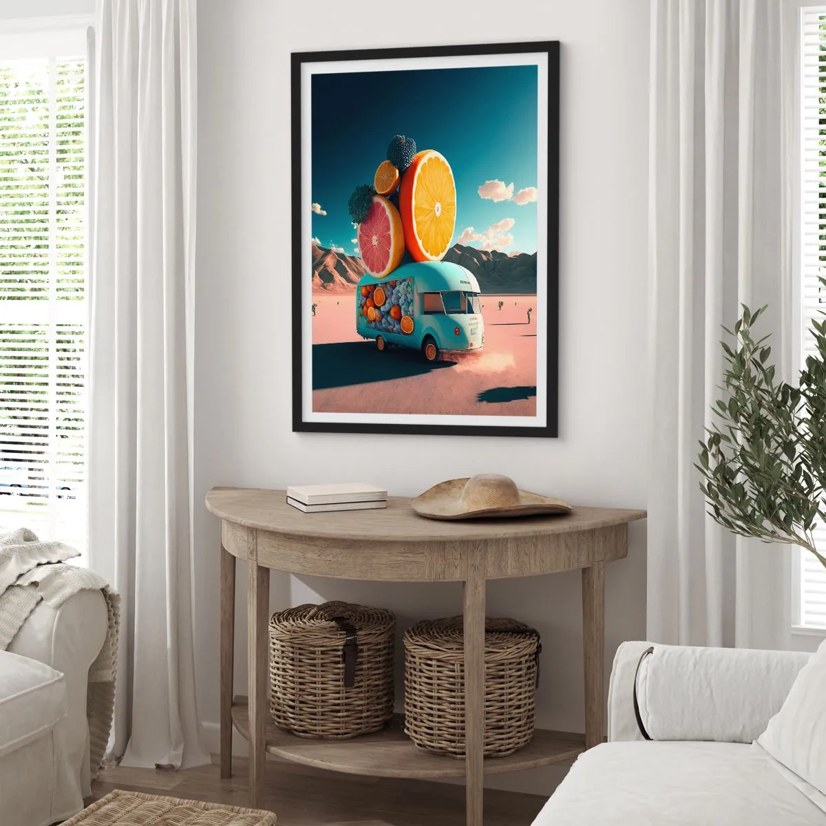 Poster in black frame - Fancy fruit truck in the desert - 50x70cm - Taste of Holidays - Modern wall decoration for the living room and bedroom ARTTOR