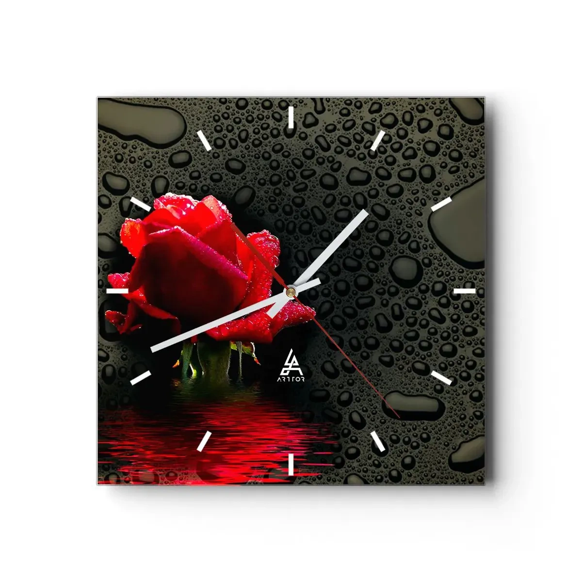 Wall clock - Clock on glass - Red and Black - 30x30 cm