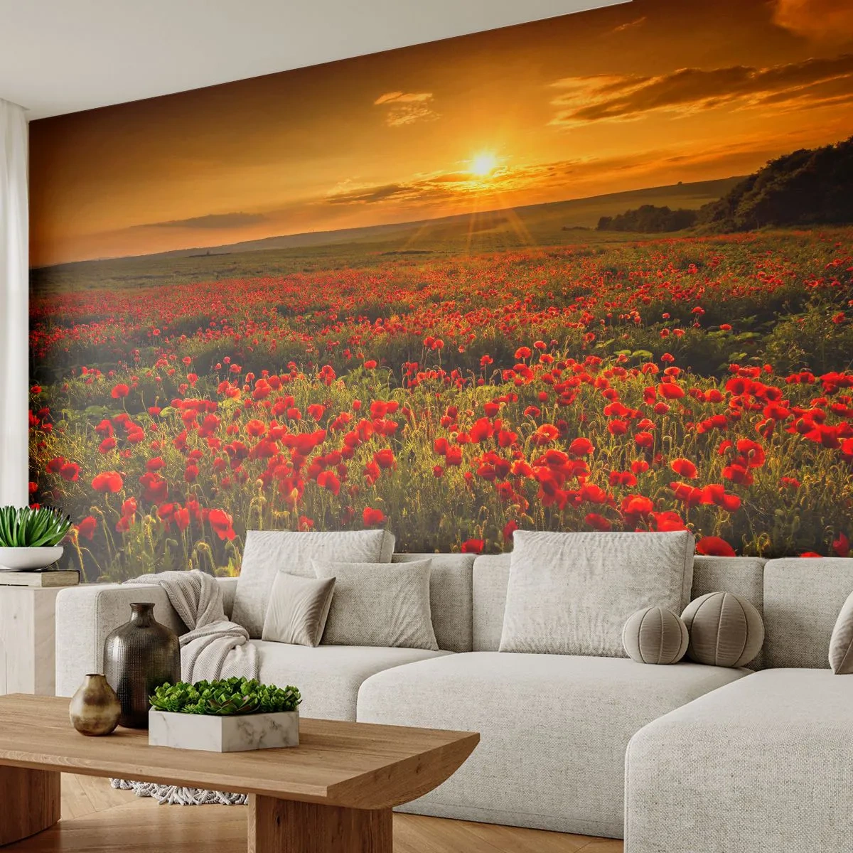Photo Wallpaper Standard Eco - A field of poppies at sunset - 100x70cm - In the Meadow, among Flood of Flowers - Modern wall decoration for the living room and bedroom ARTTOR