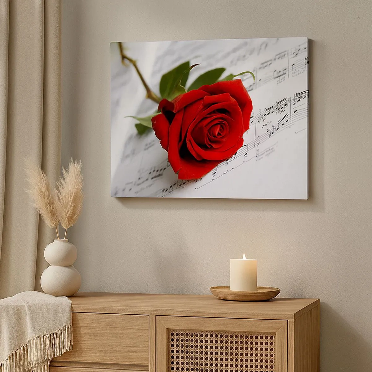 Canvas picture - A red rose against a background of musical notes on white paper. - 70x50cm - Music of Feelings in Scarlet - Modern wall decoration for the living room and bedroom ARTTOR