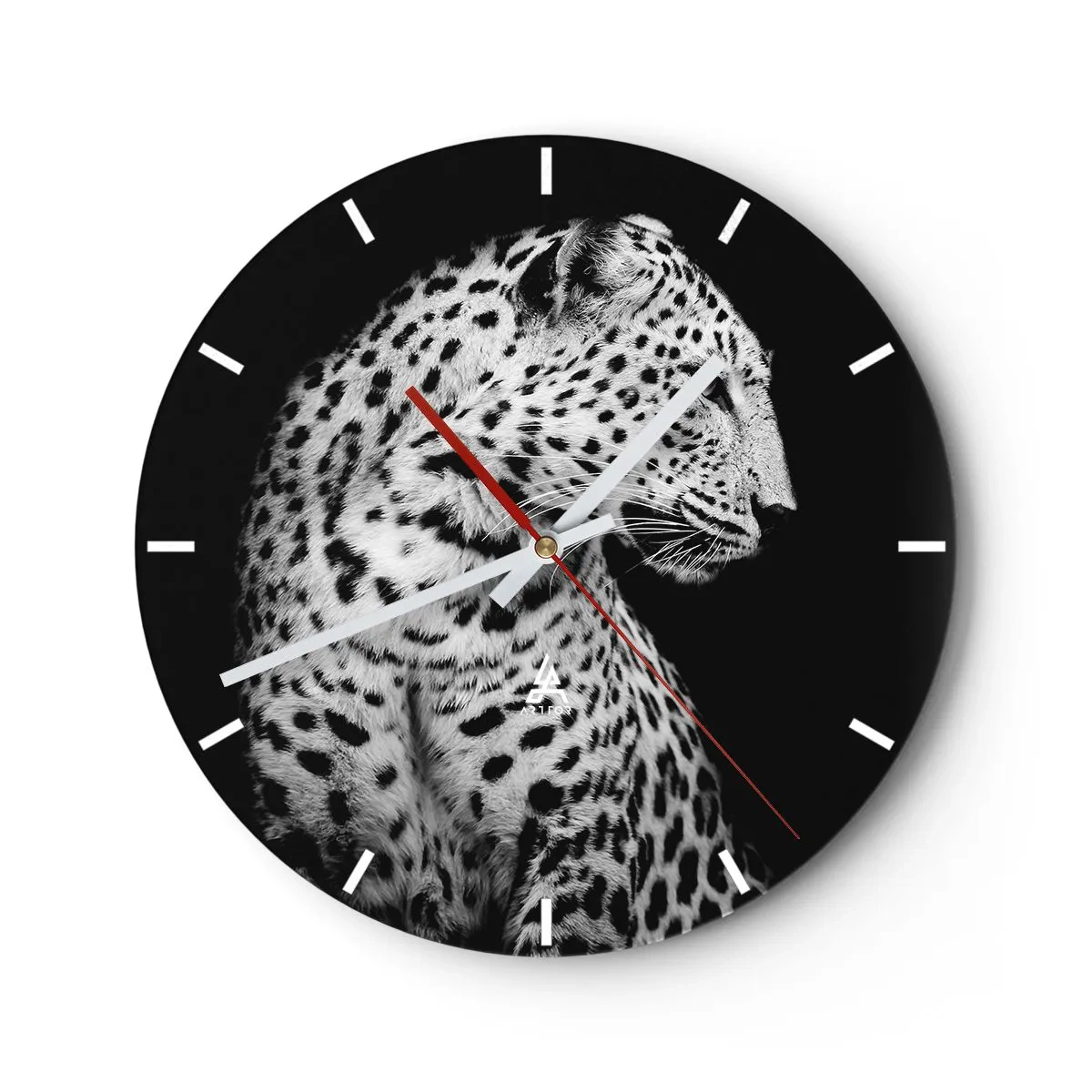 Wall clock - Clock on glass - Black and white portrait of a leopard on a black background - 30x30cm - A Perfect Right Profile  - Modern wall decoration for the living room, kitchen, and bedroom ARTTOR