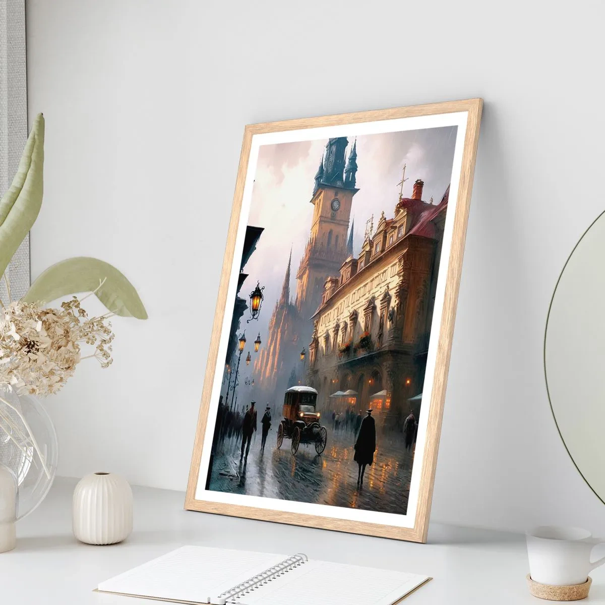Poster in light oak frame - Charm of Evening in Prague - 61x91 cm