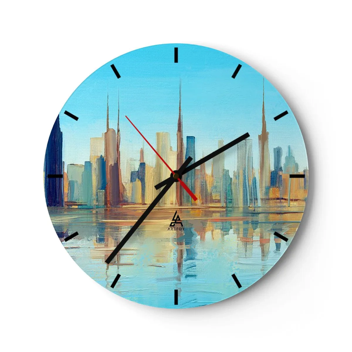 Wall clock - Clock on glass - The city panorama reflected in the water in bright tones - 30x30cm - Sunny Metropolis - Modern wall decoration for the living room, kitchen, and bedroom ARTTOR