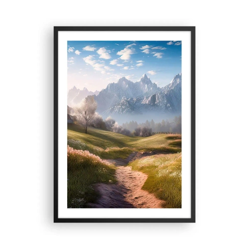 Poster in black frame - A mountain path leading through a green valley at sunrise - 50x70cm - Quiet Valley - Modern wall decoration for the living room and bedroom ARTTOR
