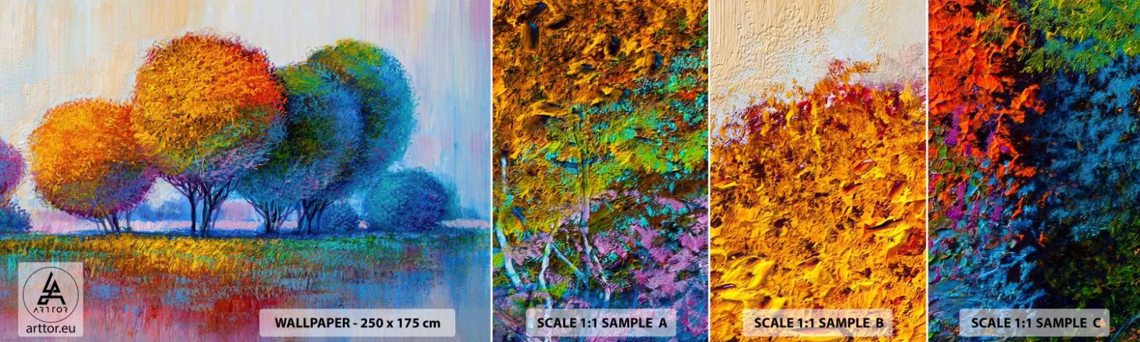 Photo Wallpaper Sample Self-Adhesive Deluxe Sticker - Cluster of Dashing Colours - Abstraction, Landscape, Trees - 100x30 cm