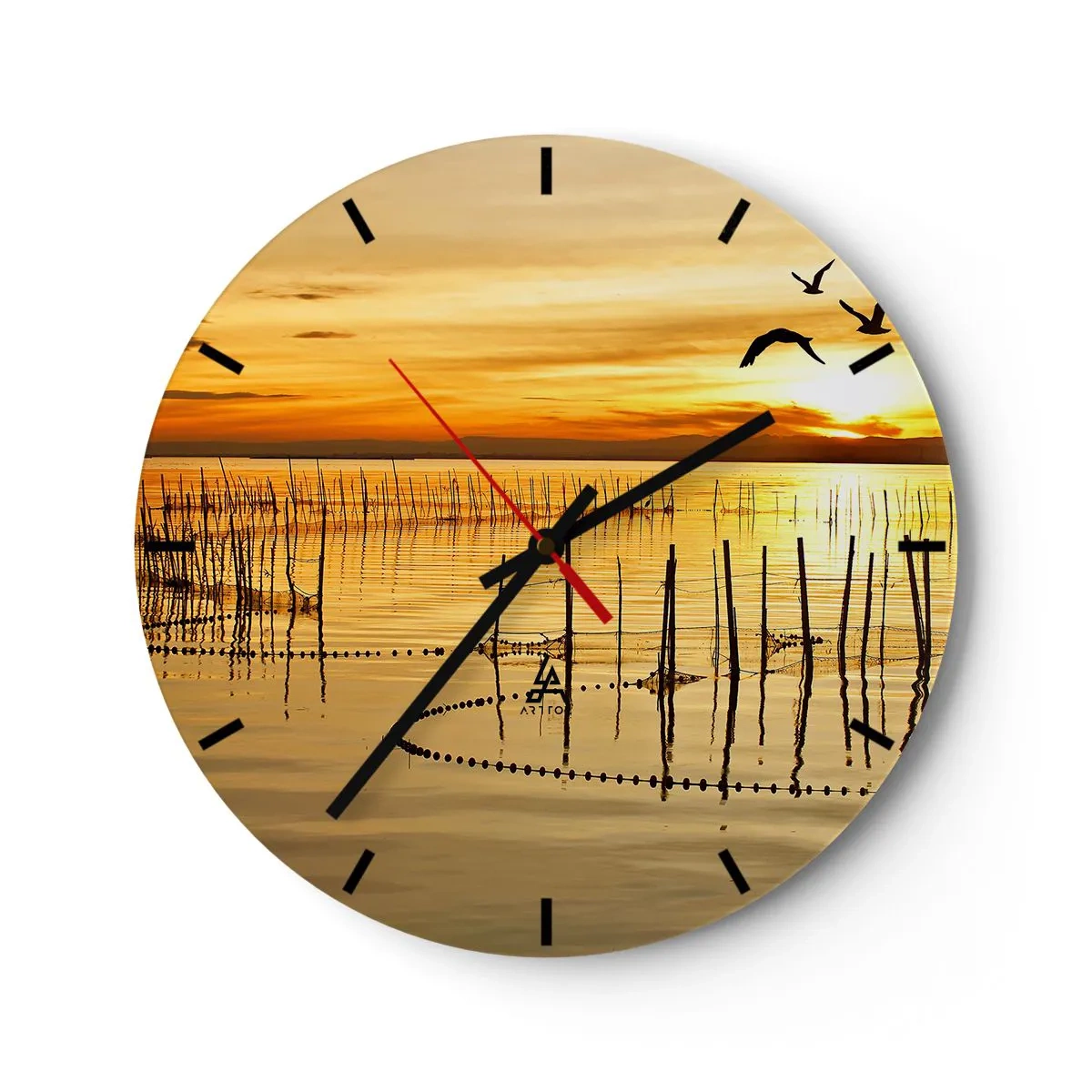 Wall clock - Clock on glass - Sunset over the water with birds in flight - 30x30cm - At a Fishery - Modern wall decoration for the living room, kitchen, and bedroom ARTTOR