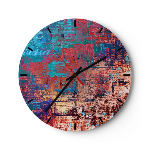 Wall clock - Clock on glass - An abstract composition in intense shades of red and blue. - 30x30cm - Memory and Oblivion - Modern wall decoration for the living room, kitchen, and bedroom ARTTOR