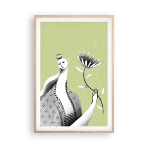 Poster in light oak frame - Modernist Portrait - Holding a FLower - 61x91 cm