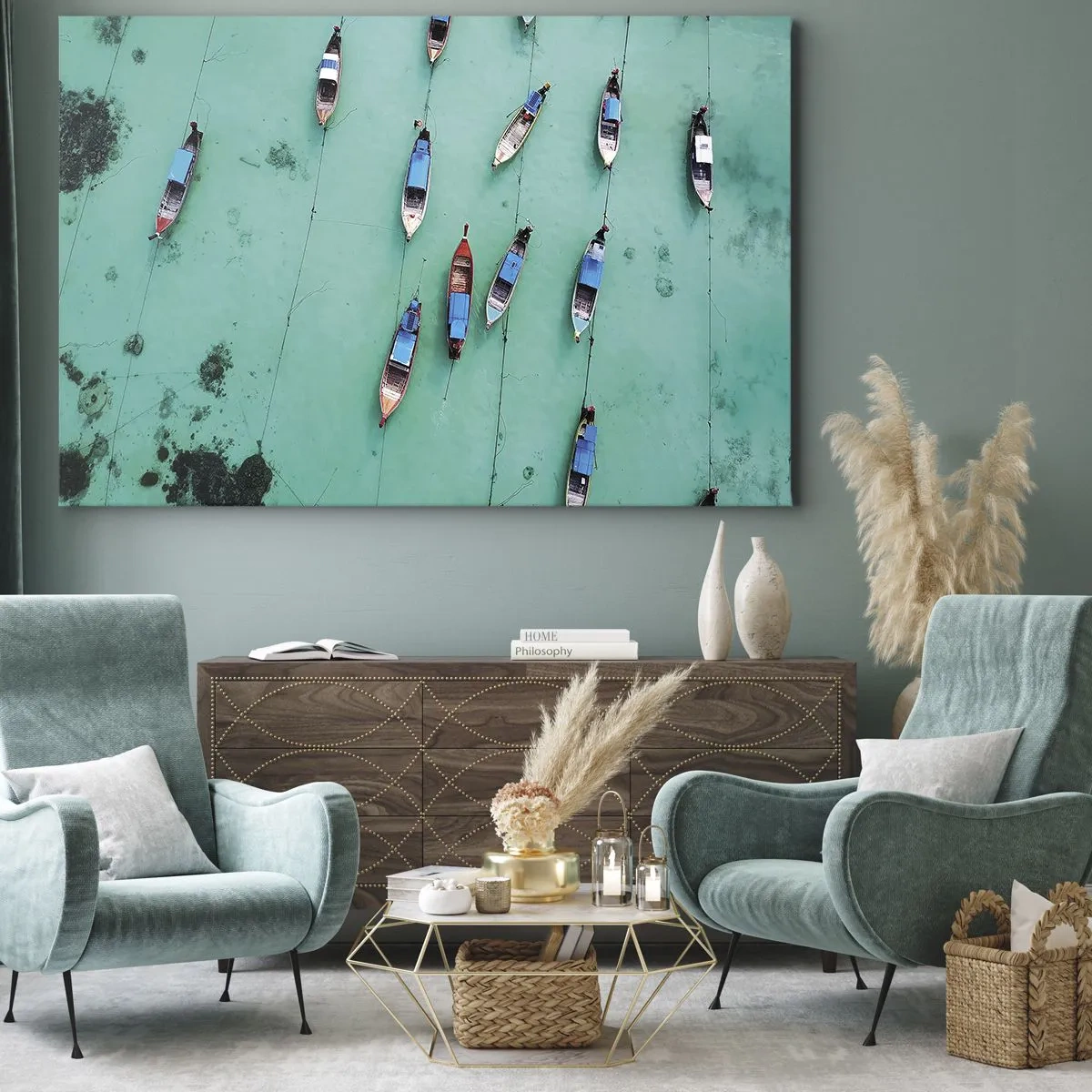 Canvas picture - A bird's eye view of boats on turquoise water - 70x50cm - In Joyful Expectation - Modern wall decoration for the living room and bedroom ARTTOR