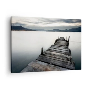 Canvas picture - A wooden bridge leading towards a tranquil lake - 70x50cm - Submerging in Tranquility - Modern wall decoration for the living room and bedroom ARTTOR
